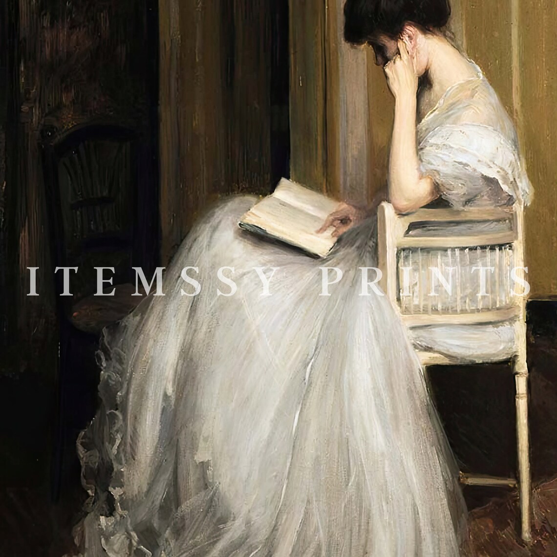 Vintage Portrait Woman In White Dress Reading Book Dark Interior Poster - Image 2