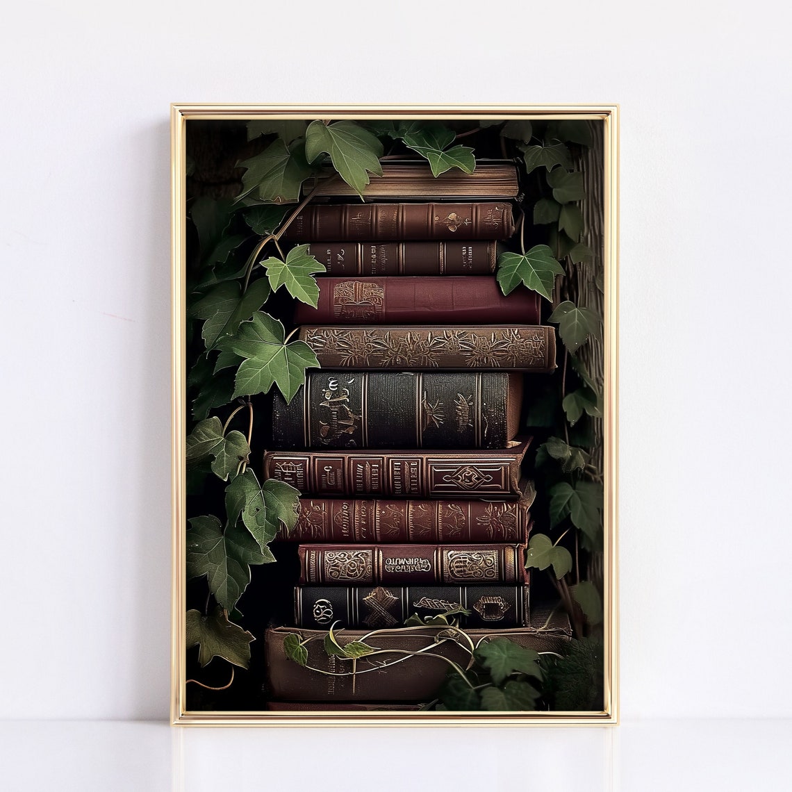 Antique Leather Books Stack With Ivy Dark Academia Art Poster - Image 3