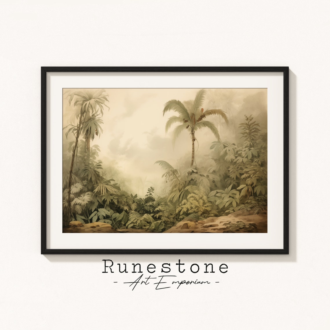 Antique Misty Tropical Jungle Sketch Lush Palm Trees Wall Art