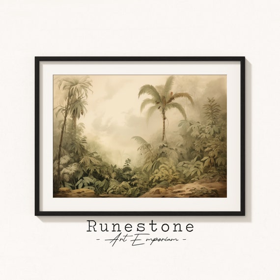 Antique Equatorial Jungle Sketch Lush Boho Wall Art Tropical Bohemian Hand Drawn Natural Landscape Print