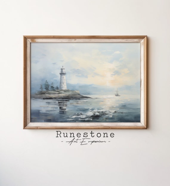 Lighthouse On Overcast Day Vintage Oil Painting Art Calm Ocean Wall