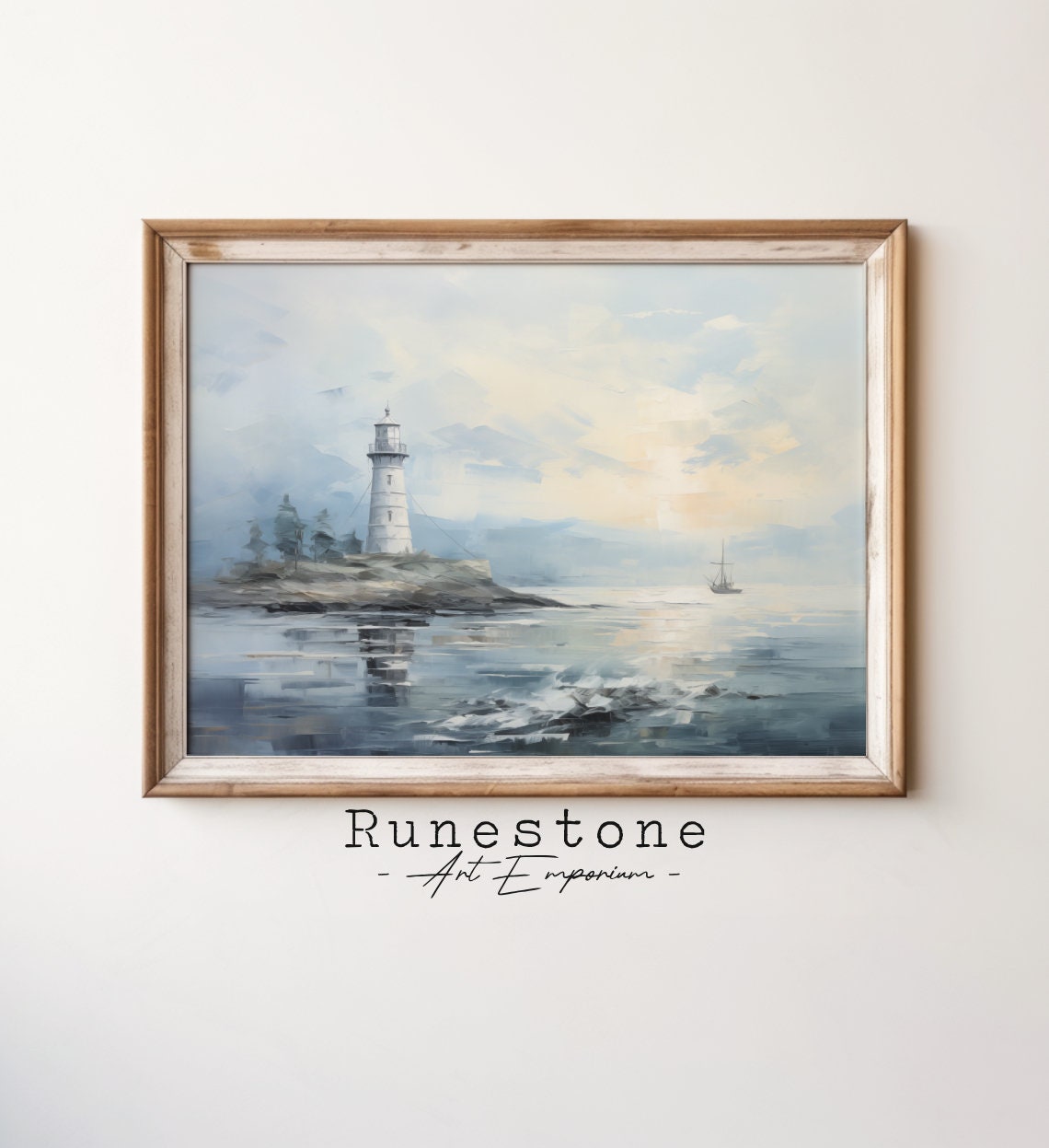 White Lighthouse Rocky Coast Misty Seascape Vintage Oil Wall Art