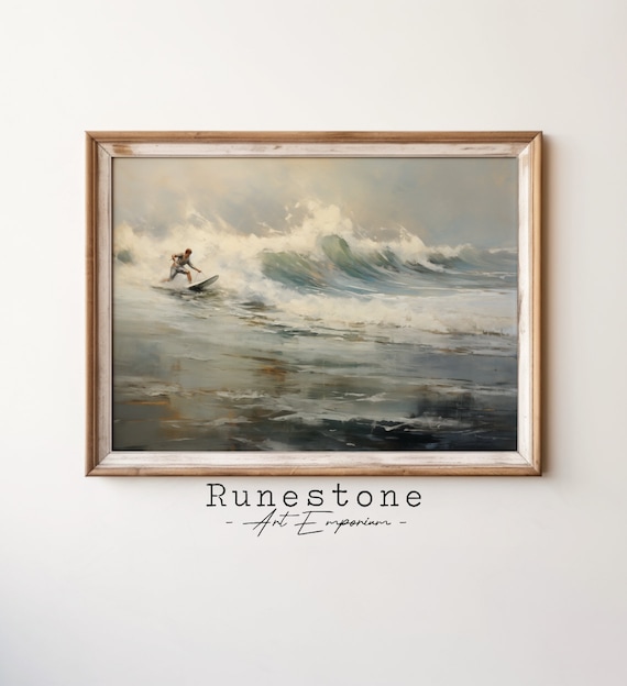 Vintage Surfer Riding Big Ocean Wave Coastal Surf Action Oil Painting Poster