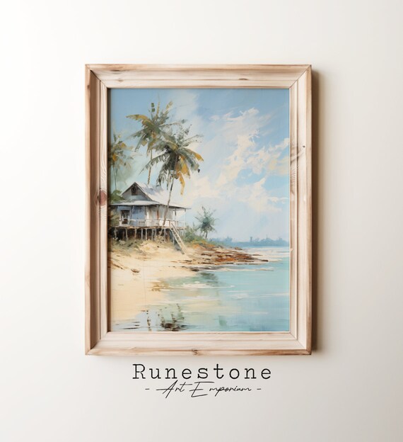 Beach House With Palm Trees On Tropical Shore Vintage Island Poster