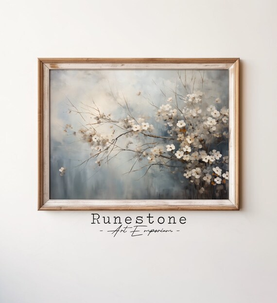 White Blossom Branch Misty Blue Floral Oil Painting Art Poster