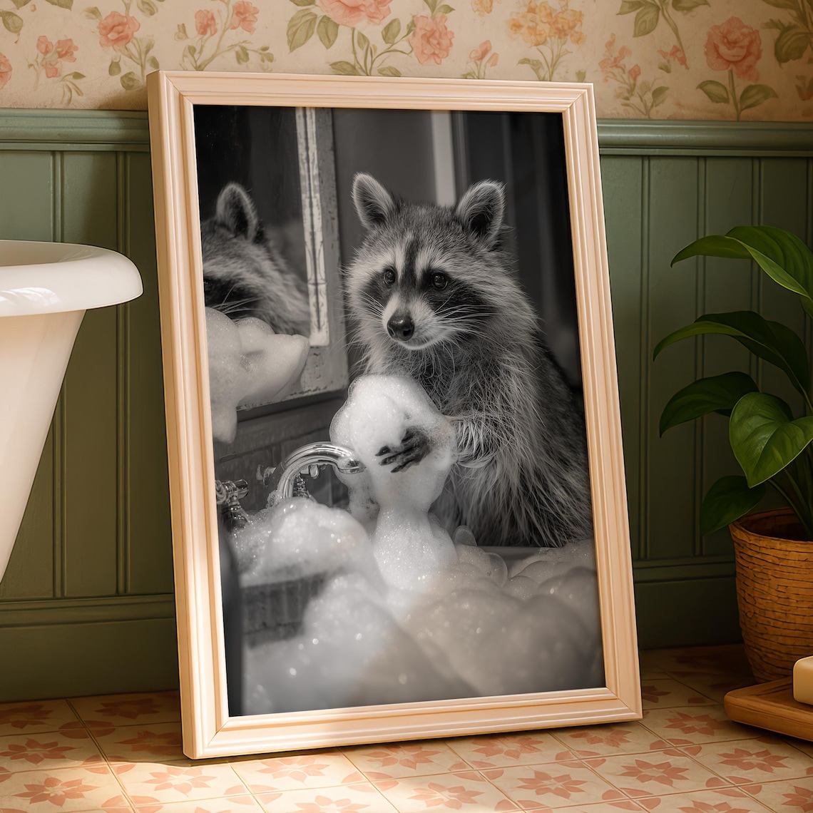 Funny Raccoon Washing Hands, Bathroom Poster