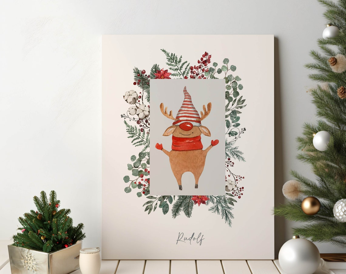 Rudolf Cute Watercolor Reindeer Christmas Festive Holiday Art Print