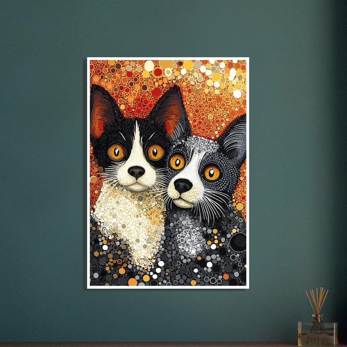 Two Cute Cats In A Warm Golden Dot Art Mosaic Portrait Poster