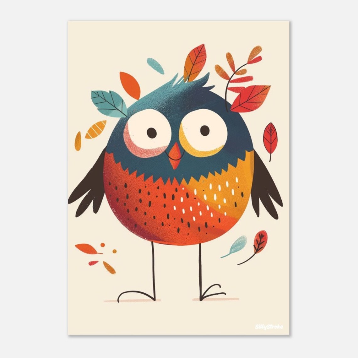 Round Owl Cartoon With Big Eyes Autumn Leaves Nursery Poster - Image 3
