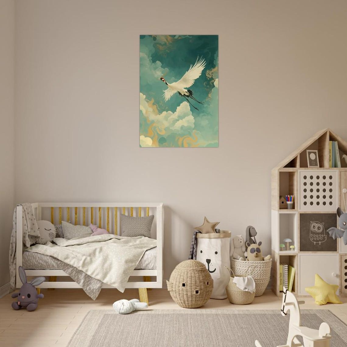 White Crane Soaring Gracefully Through Swirling Teal Clouds Poster - Image 3