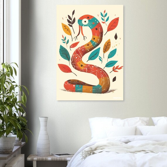Colorful Patchwork Snake With Autumn Leaves Nursery Wall Poster