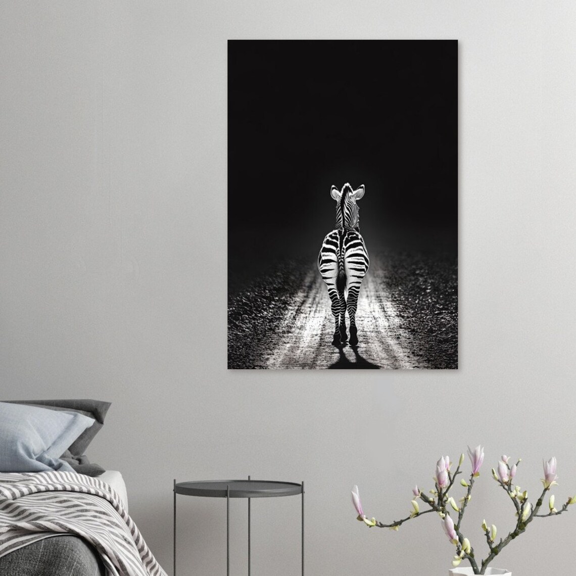 Zebra Walking Away On Dark Road Black White Photo Art Poster - Image 2