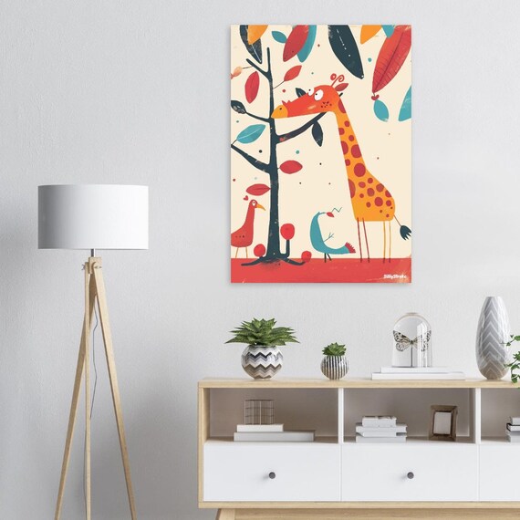 Giraffe Eating Leaves From Tree With Birds Nursery Wall Poster
