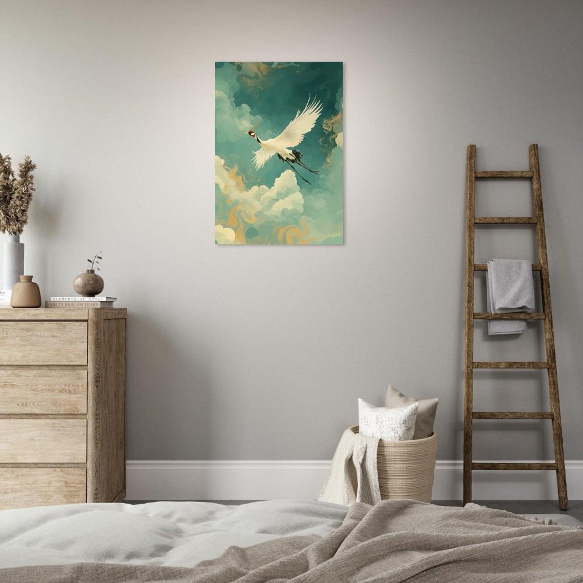 White Crane Soaring Gracefully Through Swirling Teal Clouds Poster - Image 4