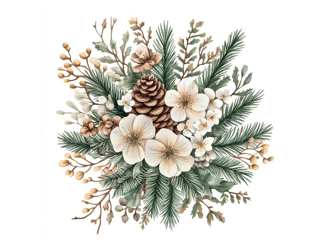 Christmas Pinecone Bouquet Watercolor Holiday Floral Home Decor Poster - Image 3