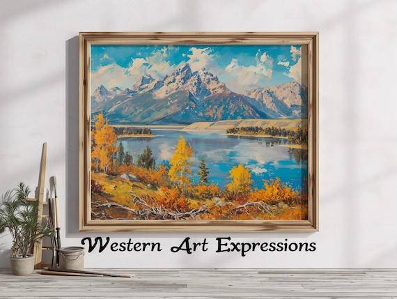 Grand Teton Peaks Above Lake Autumn Wyoming Landscape Oil Poster