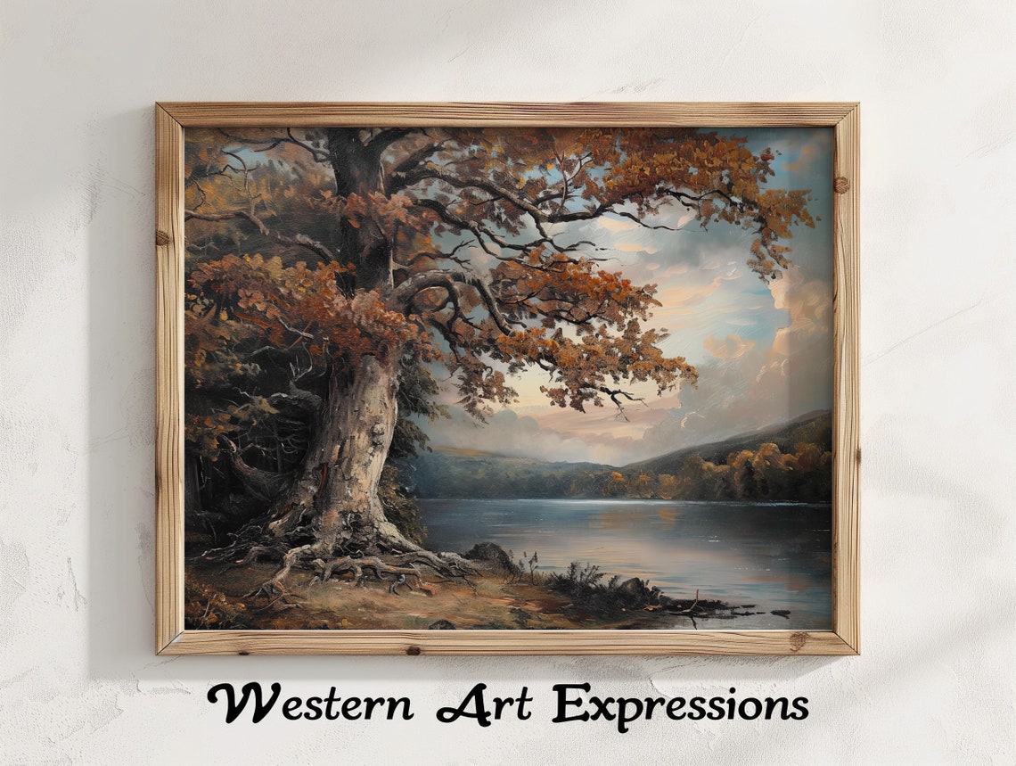 Autumn Tree by the Lake Moody Vintage Fall Landscape Art Poster