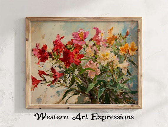 Alstroemeria Flower Painting Floral Oil Wall Art Vibrant Blossoms Canvas Print Colorful Home Decor Botanical Illustration
