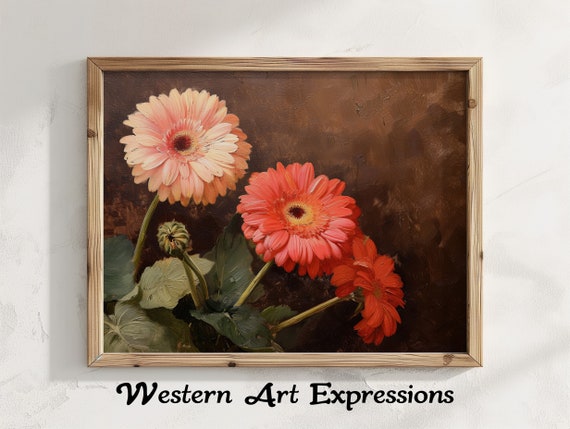 Oil Painting Of Gerber Daisies Vintage Print Floral Canvas Rustic Home Decor Botanical