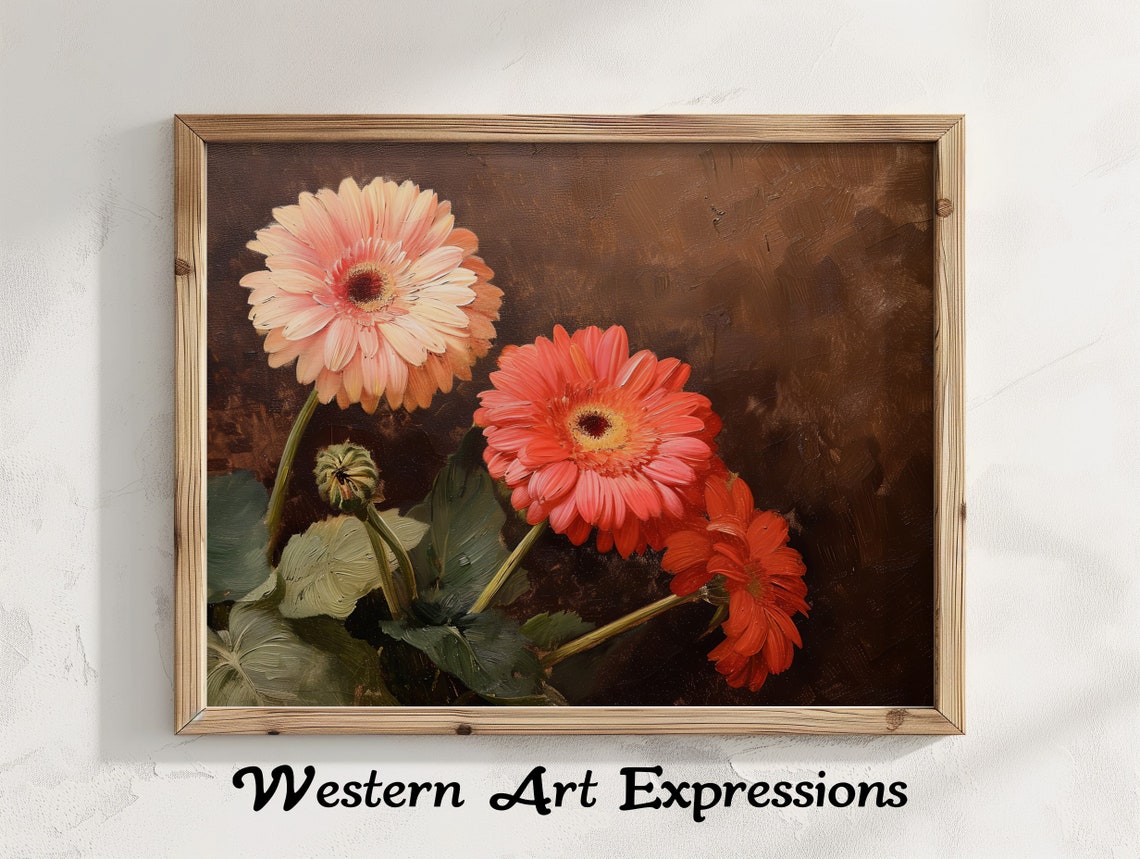 Oil Painting Of Gerber Daisies Vintage Print Floral Canvas Rustic Home Decor Botanical