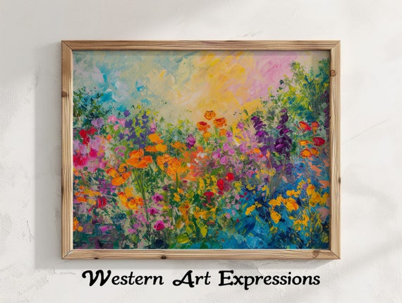 Wildflowers On The Prairie Colorful Flower Field Canvas Art Impressionist Meadow Painting Abstract Floral Wall Decor