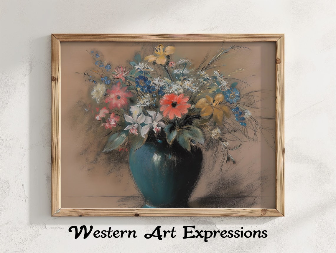 Floral Arrangement in Teal Vase Vintage Still Life Wall Print