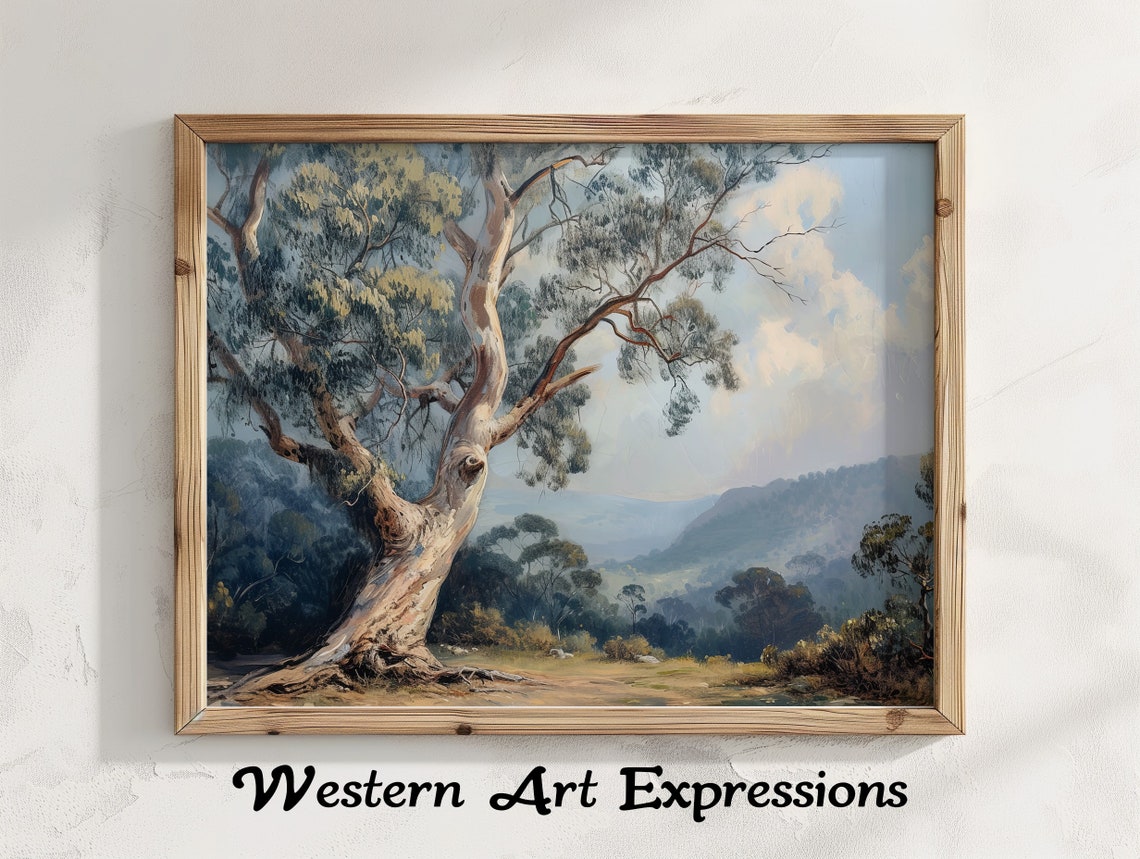 Towering Gum Tree Pale Bark Australian Bush Valley Vintage Art Poster