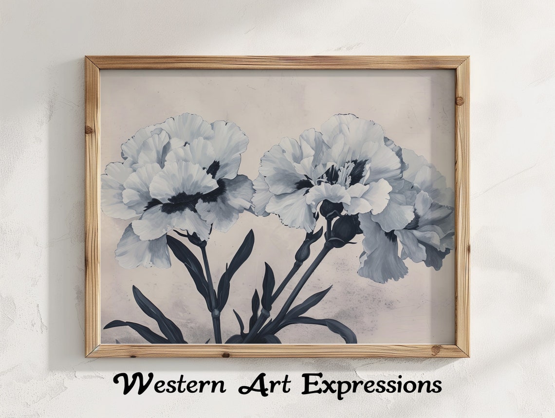 Monochrome Carnations Line Drawing Minimal Botanical Art Print