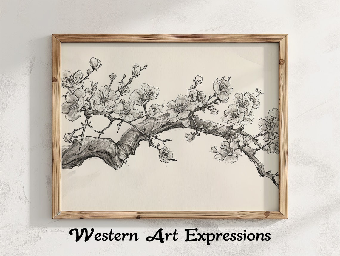 Cherry Blossom Branch Ink Sketch Black and White Floral Art Poster