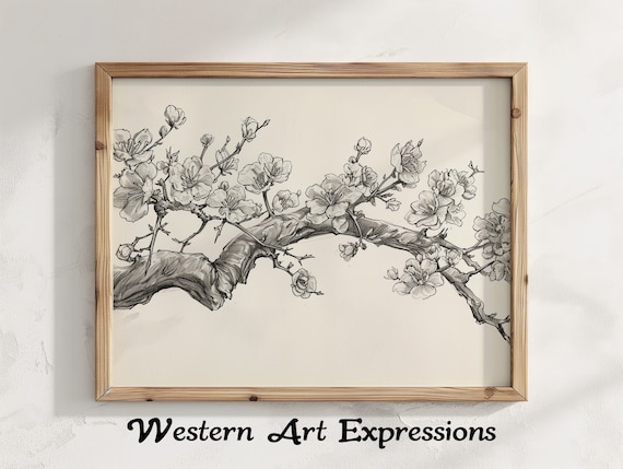Cherry Blossom Branch Ink Sketch Black and White Floral Art Poster