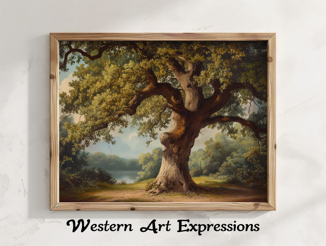 Ancient Oak Tree by Lake Vintage Landscape Painting Art Poster