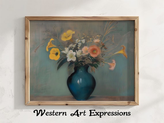 Simple Impressionist Flower Vase Vintage Floral Still Life Canvas Art Botanical Wall Decor Antique Painting Teal Accent