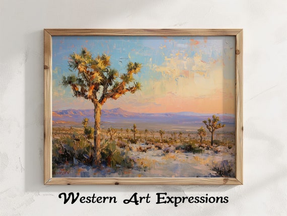 Mojave Desert Joshua Treee Impasto Oil Painting Print Rustic Decor Landscape Wall Art