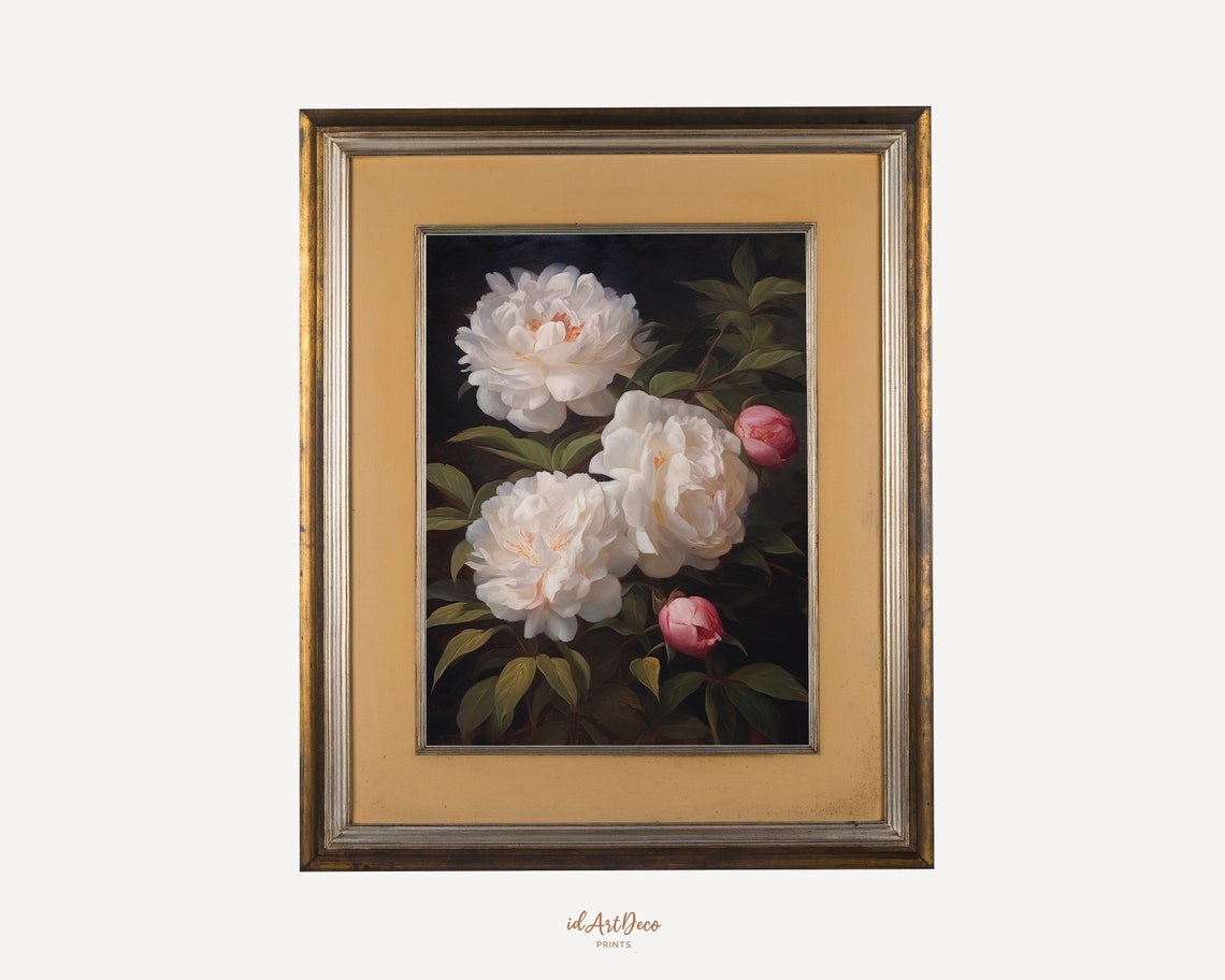 Flower Painting Vintage Print Botanical Oil Painting Peony Wall Art Dark Floral Oil Painting Antique Art - Image 2