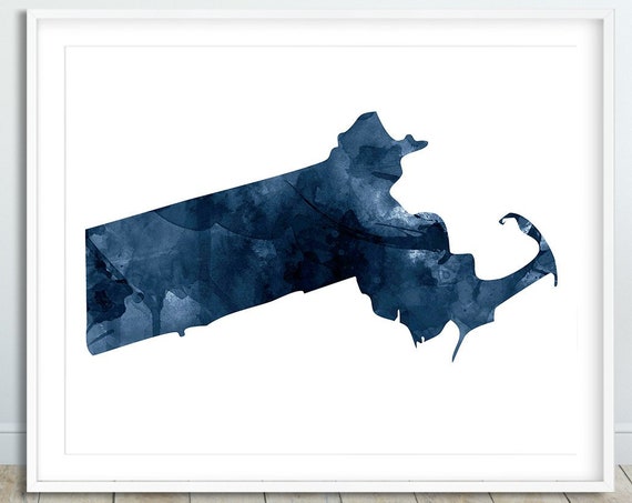Massachusetts State Map Print Watercolor Navy Blue Modern Wall Art Usa Silhouette Poster Home Decor
