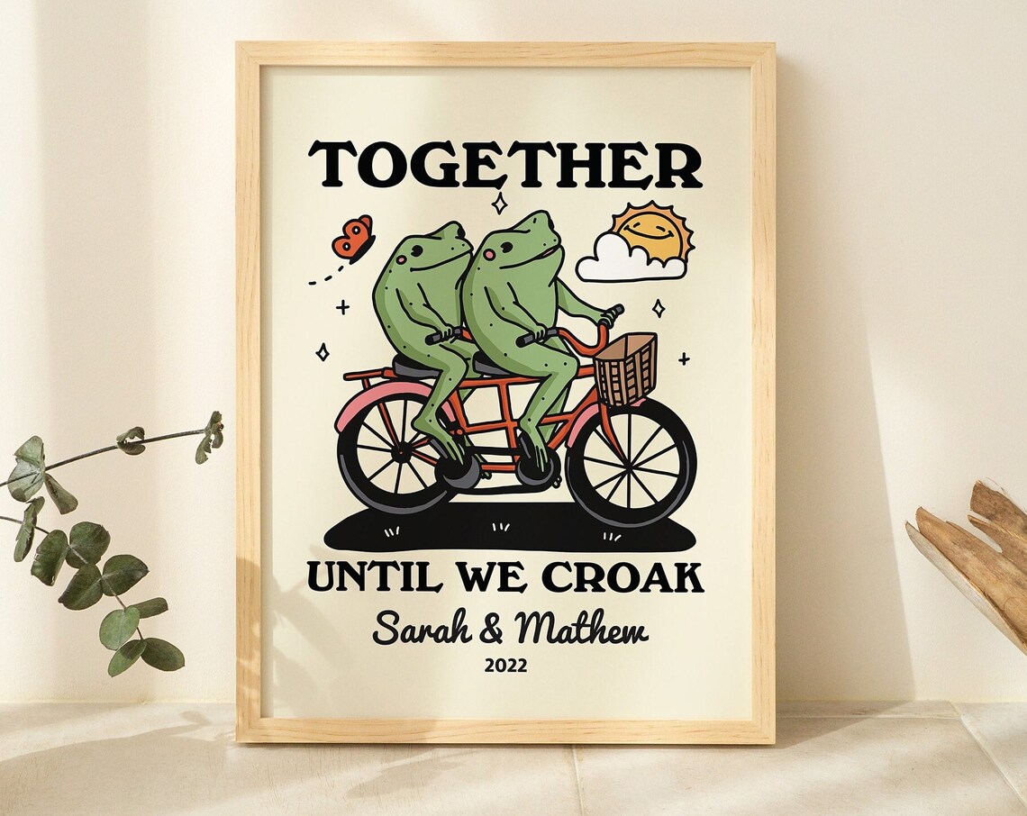 Personalized Couple Frog Illustration Retro Art Print