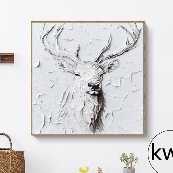 White Elk Deer Head Antlers 3D Textured Sculptural Animal Wall Art Poster