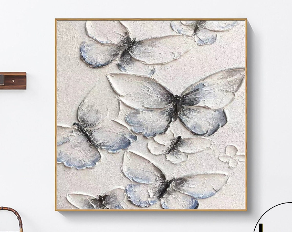 White Blue Butterfly 3D Texture Abstract Painting Square Modern Poster