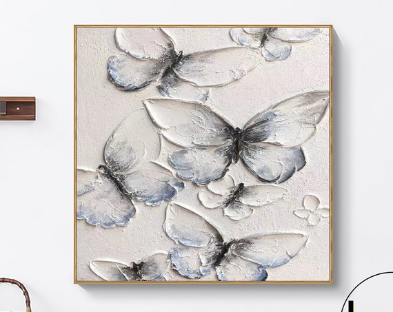 Large Texture Butterfly Acrylic Painting Abstract White And Blue Painting Acrylic Butterfly Artwork Modern Butterfly Art Gift For Her