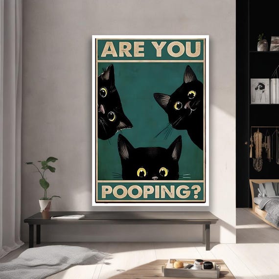Funny Black Cat Bathroom Art Quirky Toilet Sign Framed Wooden Print