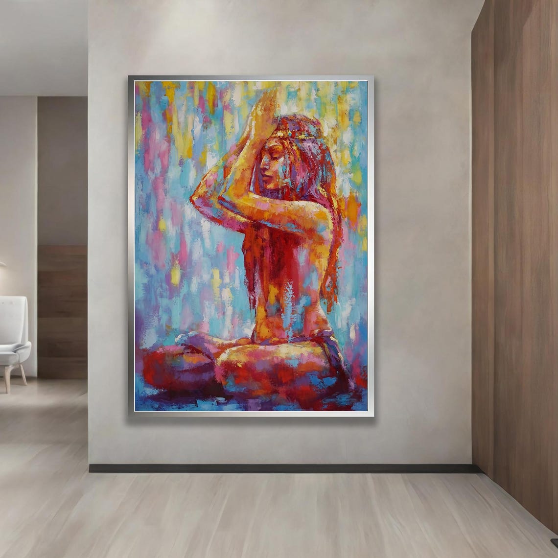 Abstract Colorful Yoga Woman Meditating Lotus Pose Art Poster
