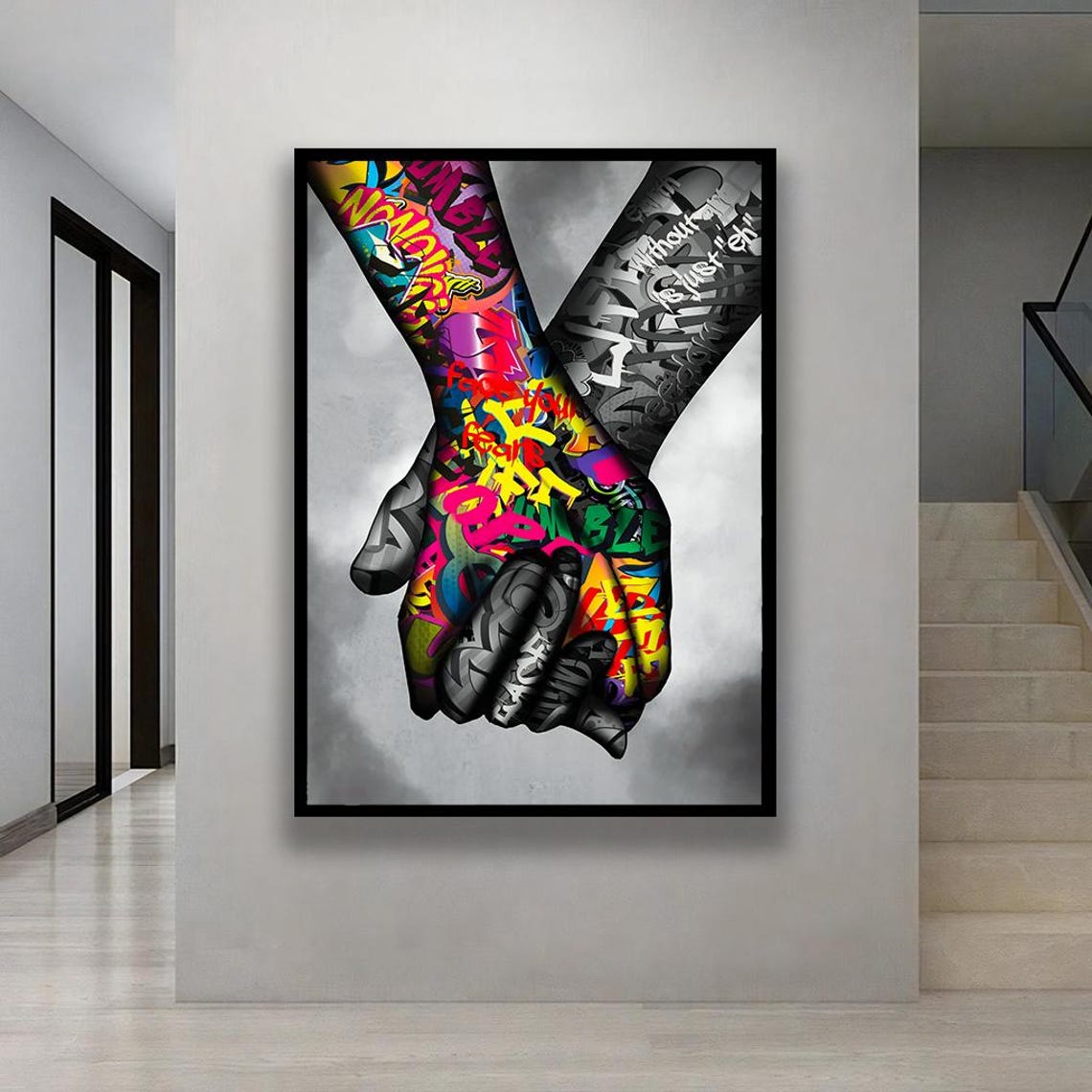 Colorful Graffiti Hands Holding Together Unity Street Art Poster