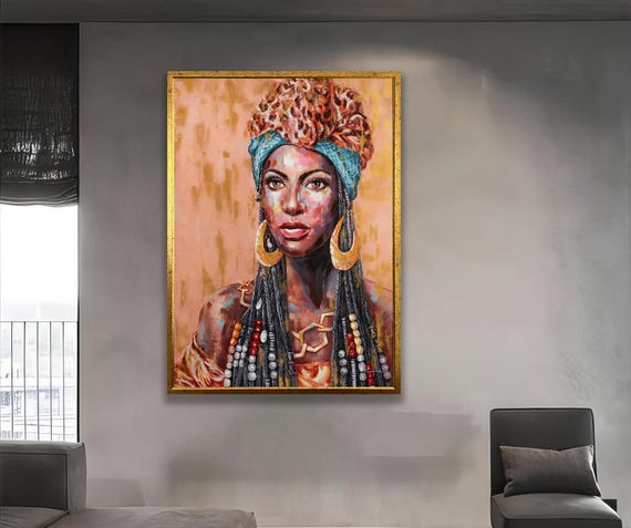 African Woman Portrait Art Vibrant Headwrap Boho Home Decor