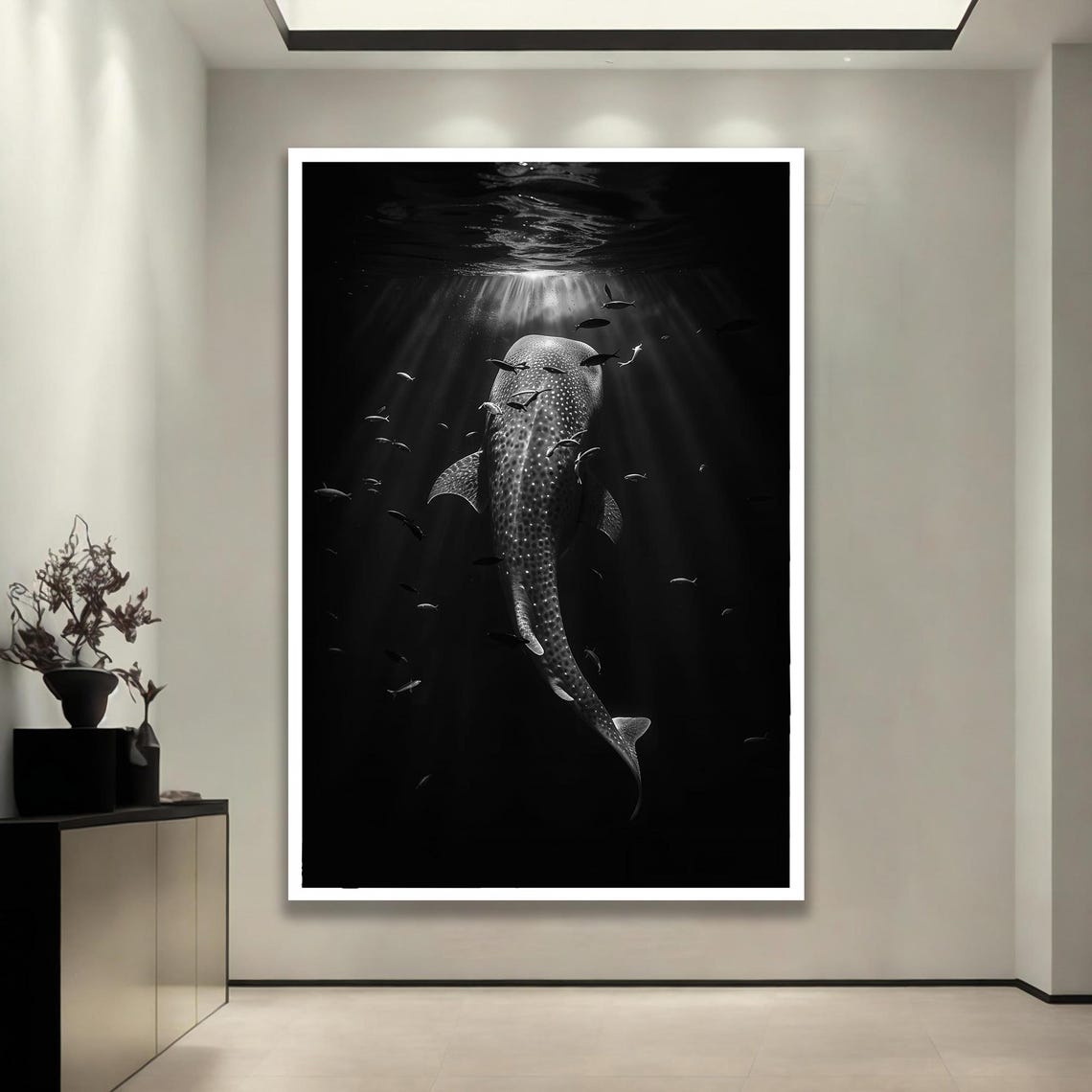 Whale Shark Black and White Underwater Ocean Light Rays Poster