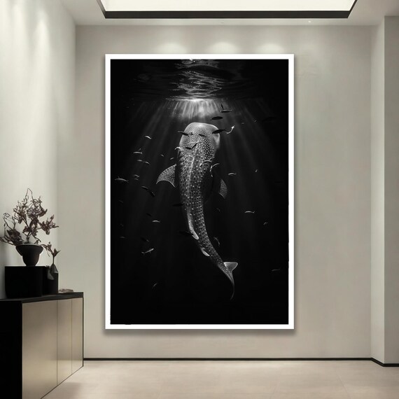 Whale Shark Black and White Underwater Ocean Light Rays Poster