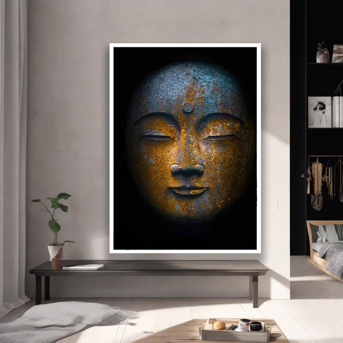 Buddha Face Zen Meditation Golden Statue Black Background Wall Art