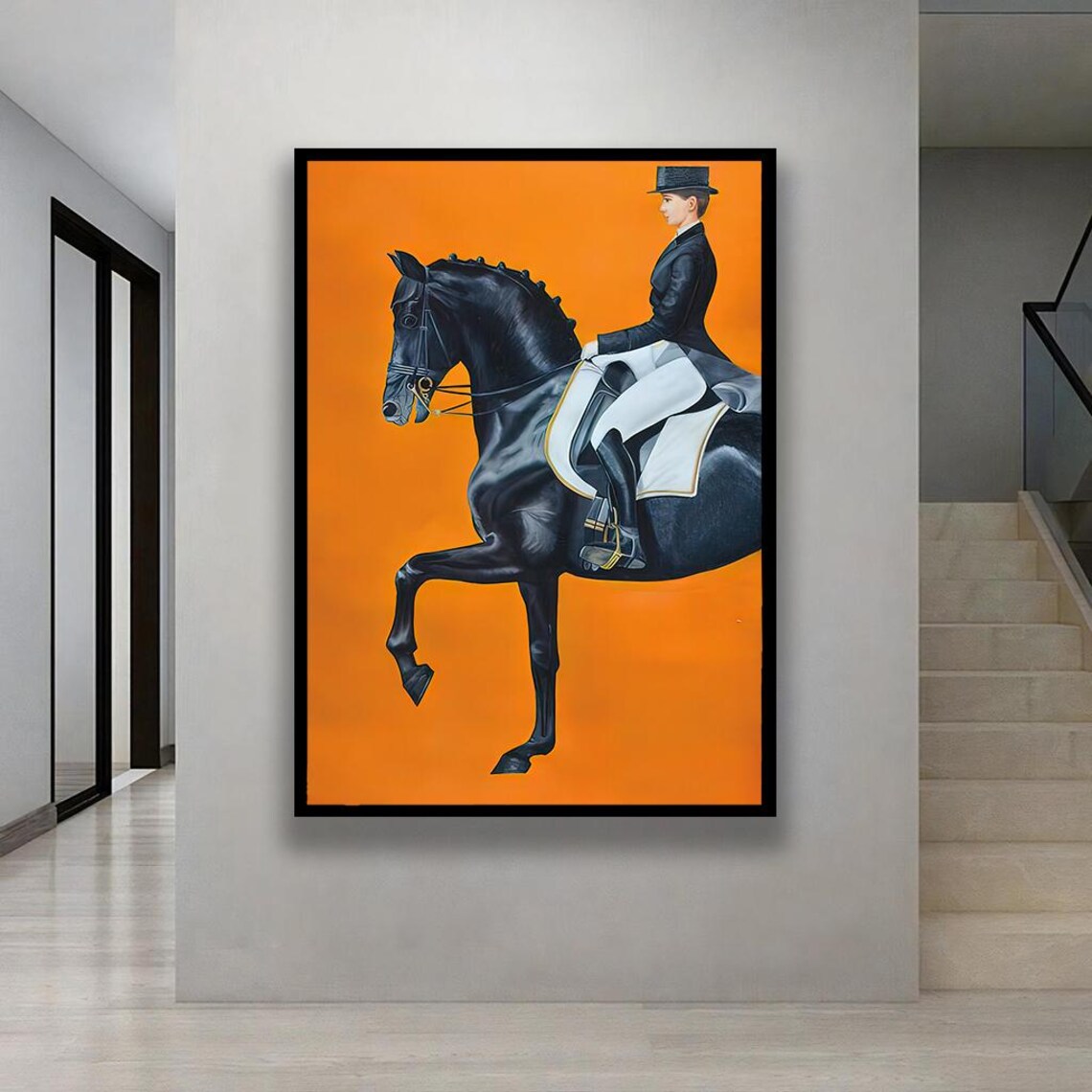 Black Horse Dressage Rider Bold Orange Equestrian Art Poster