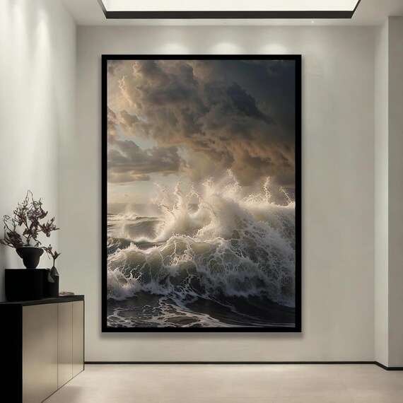 Powerful Stormy Sea Waves Crashing Dramatic Ocean Art Poster
