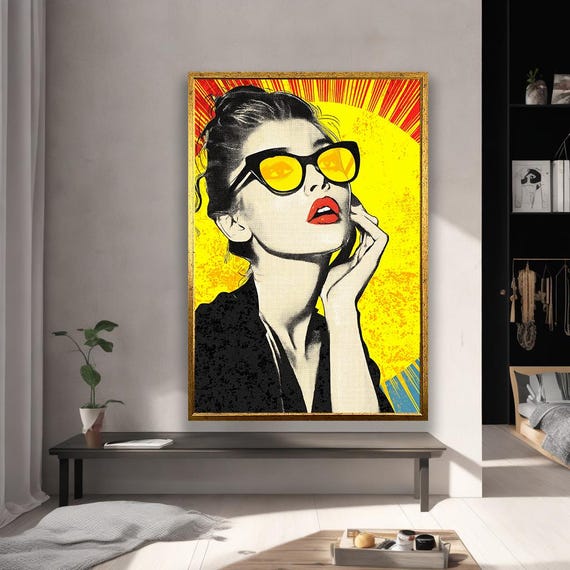 Pop Art Woman With Sunglasses Retro Style Sunburst Background