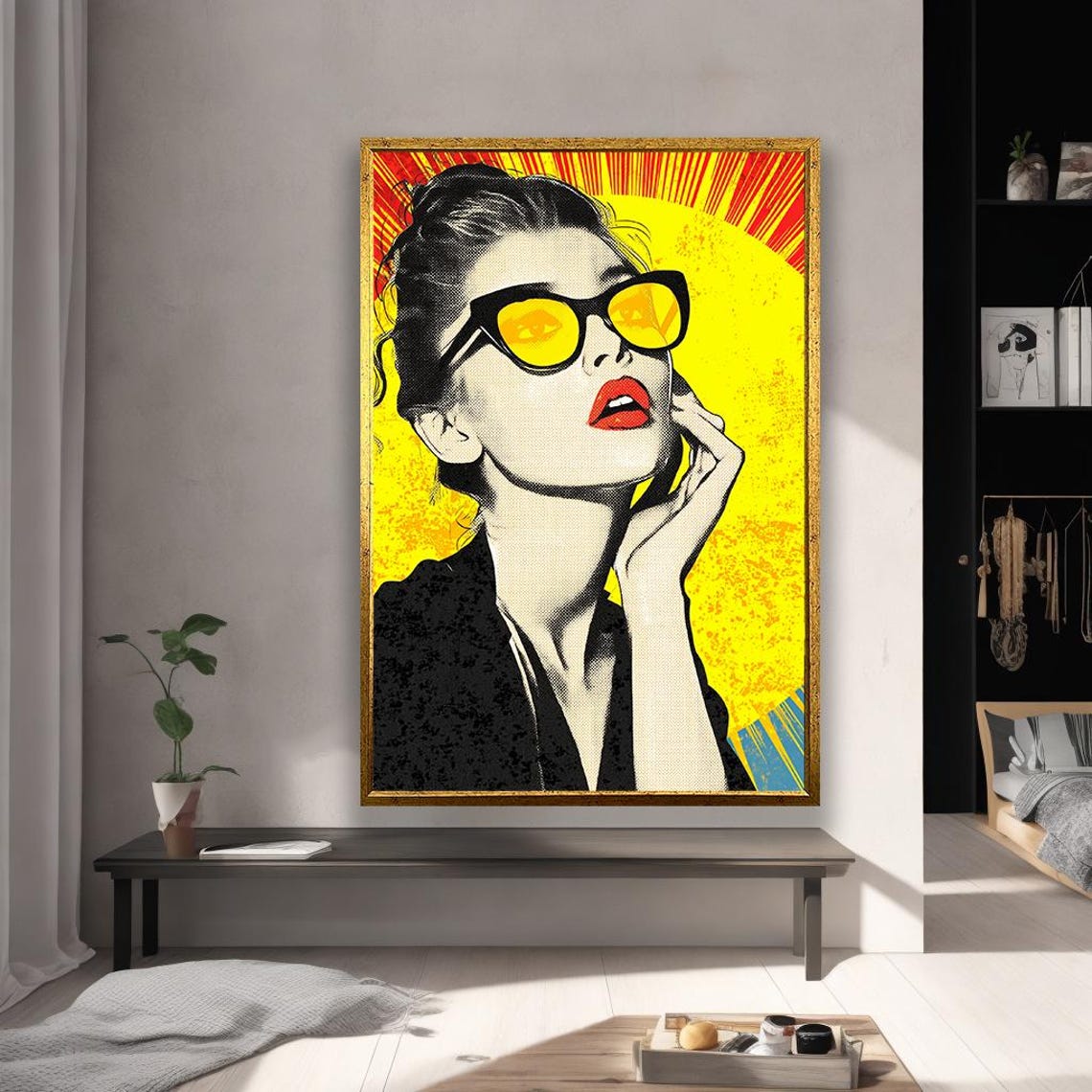 Pop Art Woman with Sunglasses Retro Sunburst Yellow Style Poster